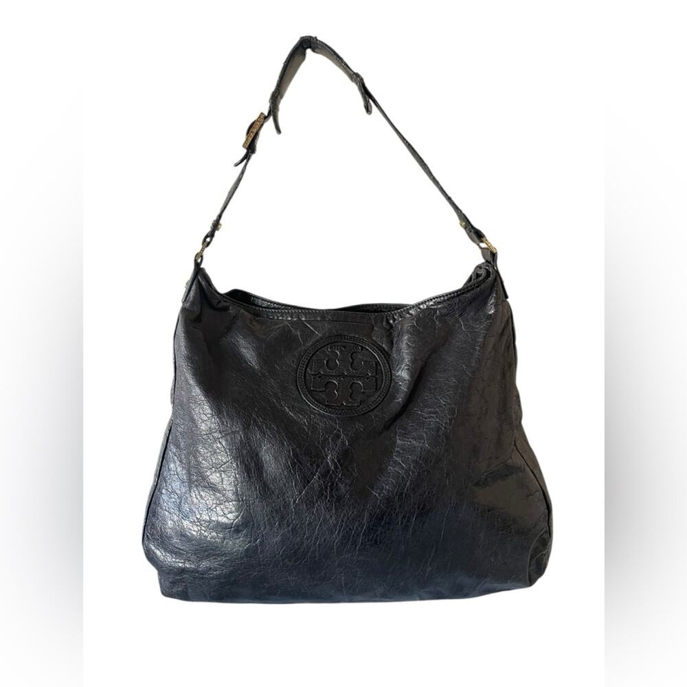 Tory Burch Clayton hobo bag in black glazed leather